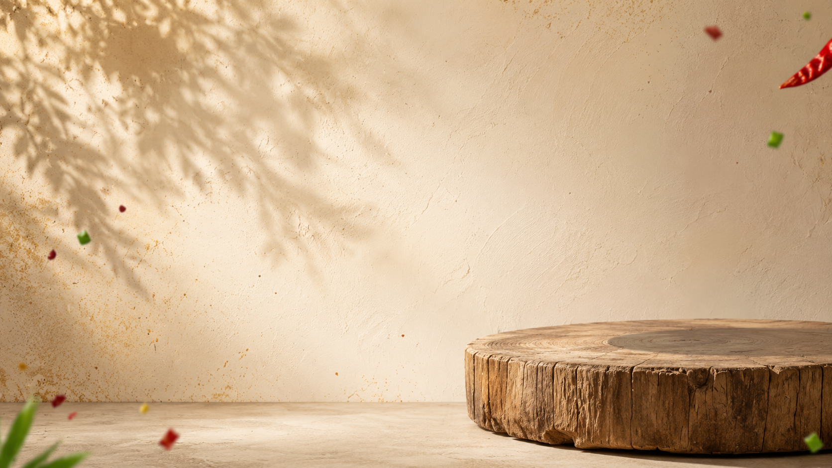 Warm backdrop with wooden log table